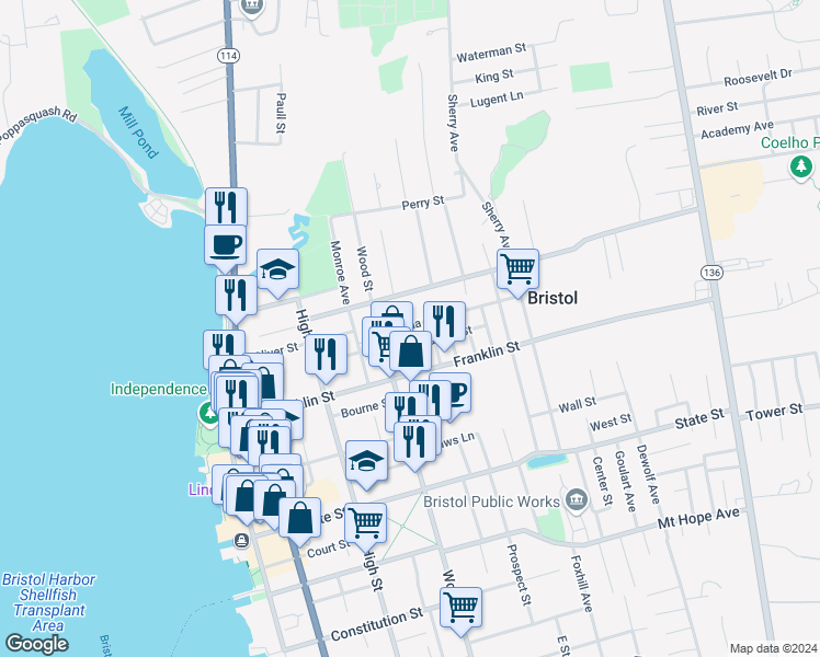 map of restaurants, bars, coffee shops, grocery stores, and more near 588 Wood Street in Bristol