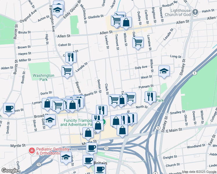 map of restaurants, bars, coffee shops, grocery stores, and more near 149 Clark Street in New Britain