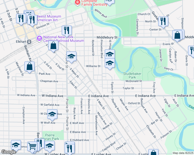 map of restaurants, bars, coffee shops, grocery stores, and more near 624-698 McDonald St in Elkhart