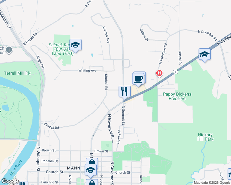 map of restaurants, bars, coffee shops, grocery stores, and more near 712 Kimball Avenue in Iowa City