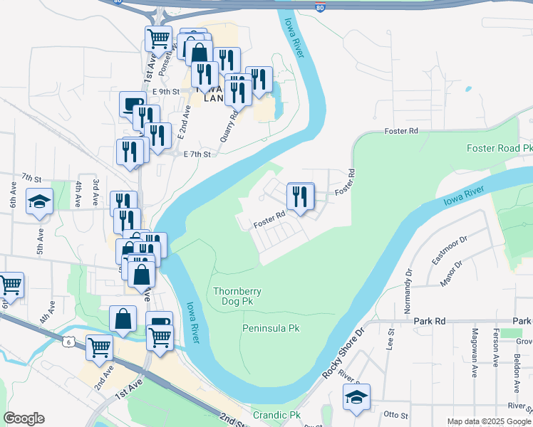 map of restaurants, bars, coffee shops, grocery stores, and more near 985 Ball Street in Iowa City