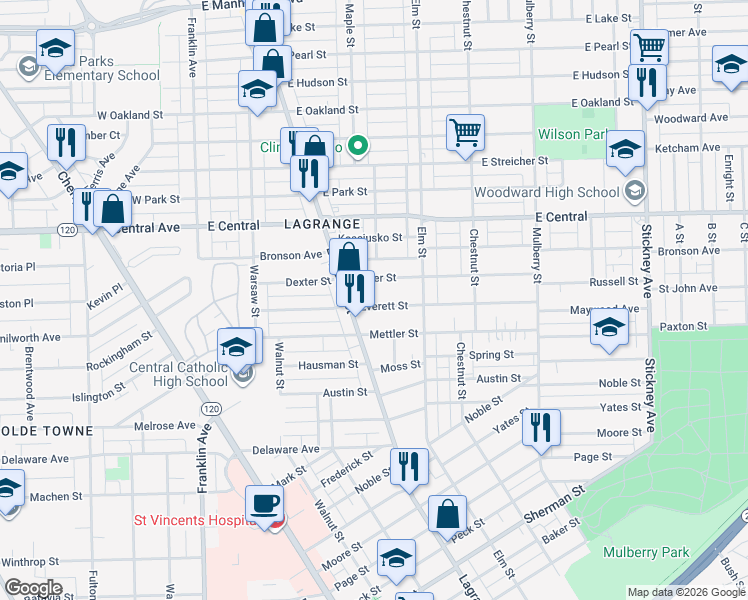 map of restaurants, bars, coffee shops, grocery stores, and more near 232 Everett Street in Toledo