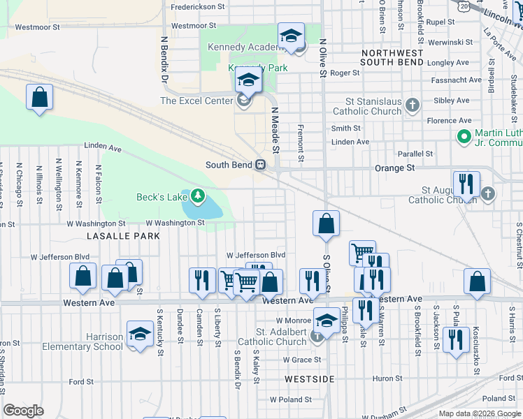 map of restaurants, bars, coffee shops, grocery stores, and more near 2637 West Washington Street in South Bend