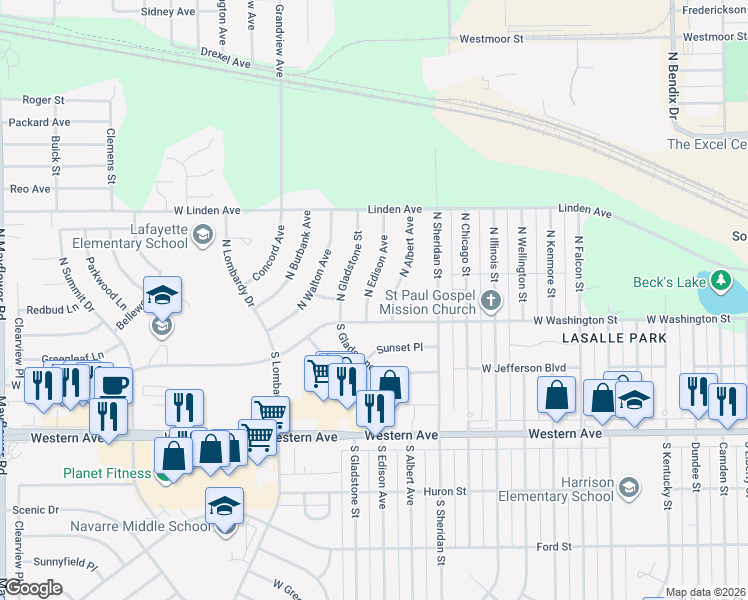 map of restaurants, bars, coffee shops, grocery stores, and more near 113 North Albert Avenue in South Bend