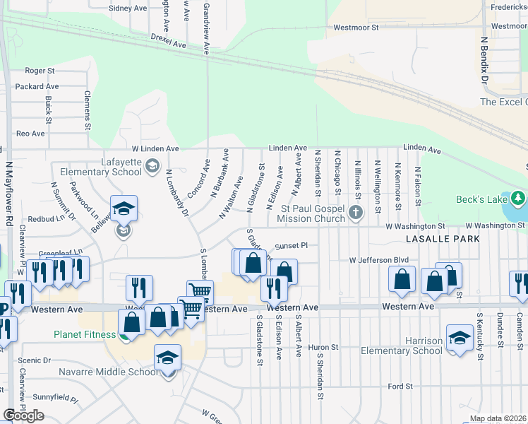map of restaurants, bars, coffee shops, grocery stores, and more near 111 North Edison Avenue in South Bend