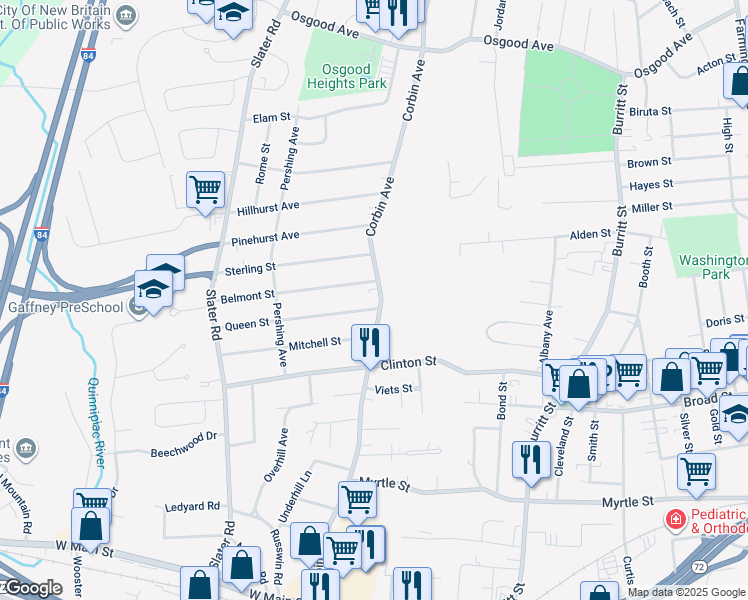 map of restaurants, bars, coffee shops, grocery stores, and more near 1576 Corbin Avenue in New Britain