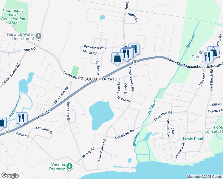 map of restaurants, bars, coffee shops, grocery stores, and more near 7 Camelot Drive in Harwich