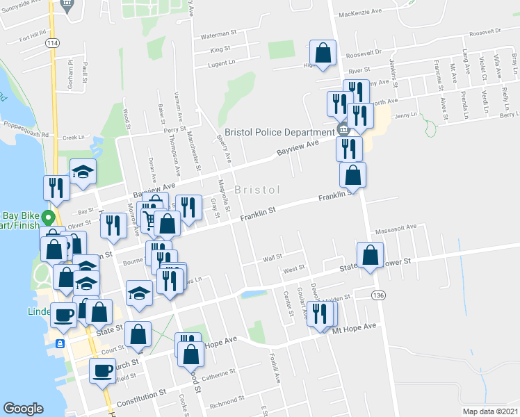 map of restaurants, bars, coffee shops, grocery stores, and more near 253 Franklin Street in Bristol