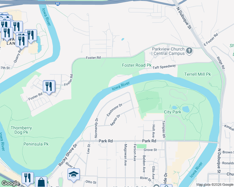 map of restaurants, bars, coffee shops, grocery stores, and more near 832 Normandy Dr in Iowa City