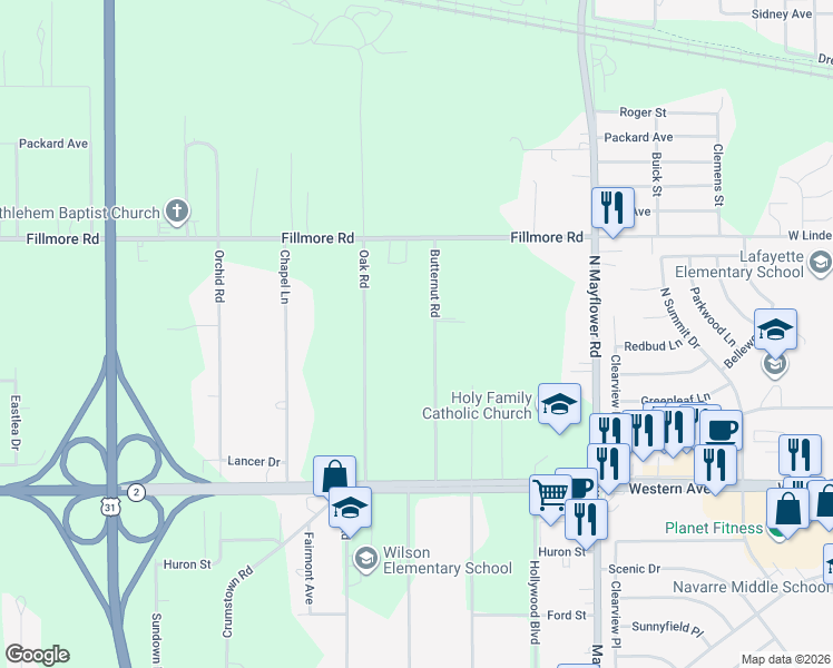 map of restaurants, bars, coffee shops, grocery stores, and more near 56201 Butternut Road in South Bend