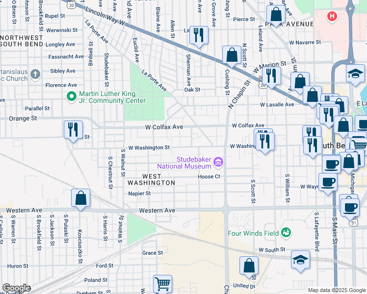 map of restaurants, bars, coffee shops, grocery stores, and more near 1045 West Washington Street in South Bend