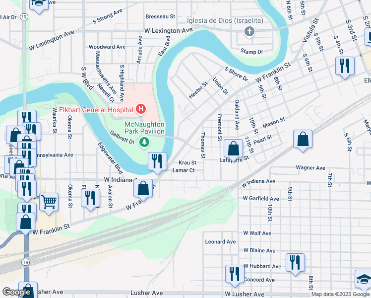 map of restaurants, bars, coffee shops, grocery stores, and more near 1503 West Franklin Street in Elkhart
