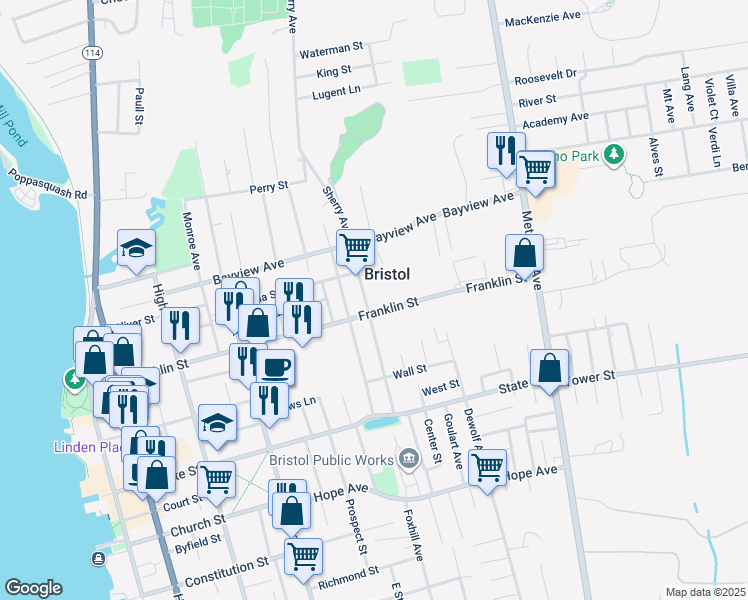 map of restaurants, bars, coffee shops, grocery stores, and more near 253 Franklin Street in Bristol
