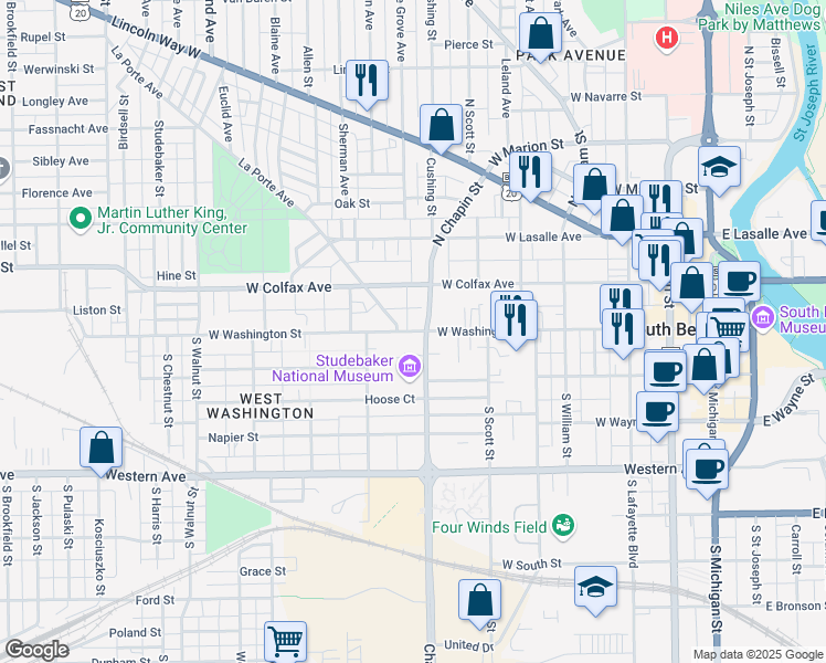 map of restaurants, bars, coffee shops, grocery stores, and more near 808 West Washington Street in South Bend