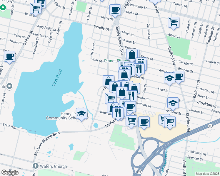 map of restaurants, bars, coffee shops, grocery stores, and more near 153 Mariano Bishop Boulevard in Fall River