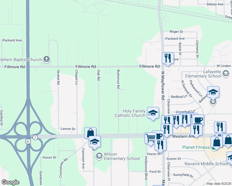 map of restaurants, bars, coffee shops, grocery stores, and more near 56201 Butternut Road in South Bend