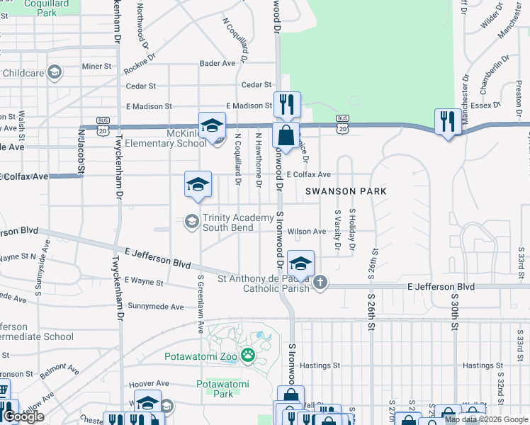 map of restaurants, bars, coffee shops, grocery stores, and more near 104 S Hawthorne Dr in South Bend