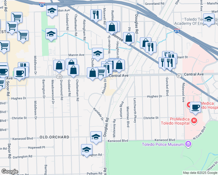 map of restaurants, bars, coffee shops, grocery stores, and more near 2711 Central Avenue in Toledo