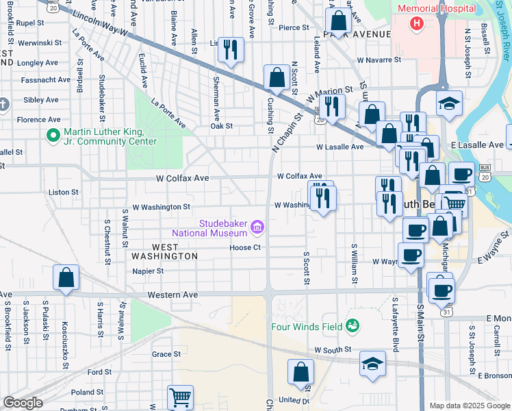 map of restaurants, bars, coffee shops, grocery stores, and more near 825 West Washington Street in South Bend