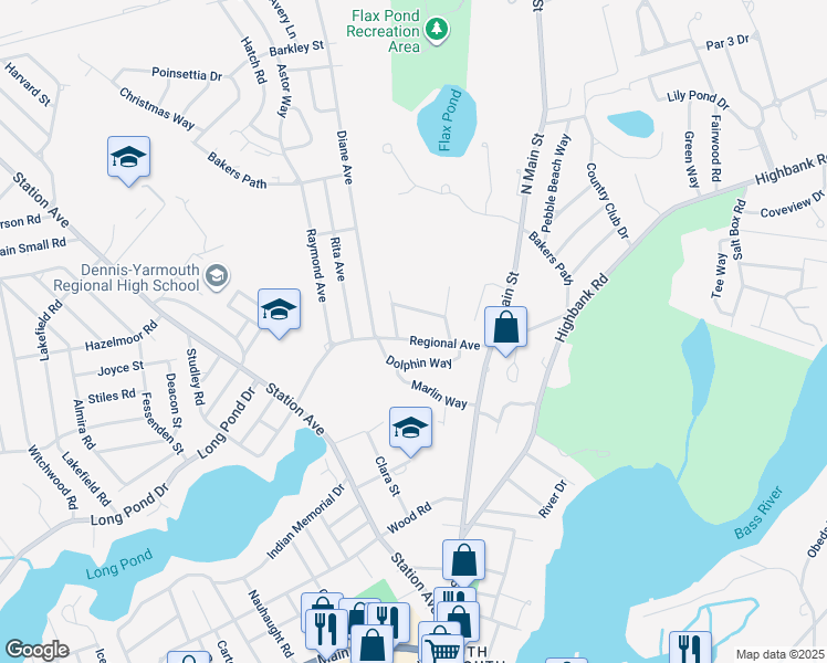 map of restaurants, bars, coffee shops, grocery stores, and more near 81 Regional Avenue in Yarmouth