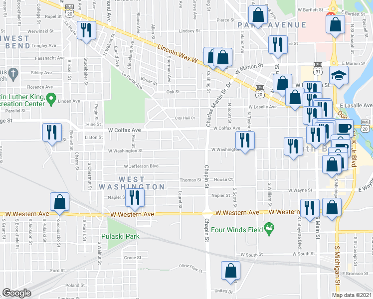 map of restaurants, bars, coffee shops, grocery stores, and more near 913 West Washington Street in South Bend