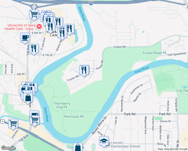 map of restaurants, bars, coffee shops, grocery stores, and more near 1250 Swisher St in Iowa City