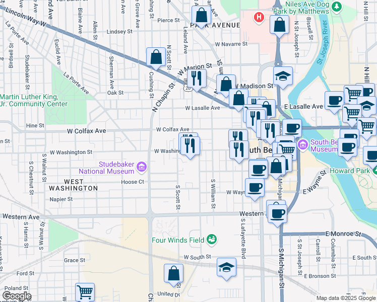 map of restaurants, bars, coffee shops, grocery stores, and more near 620 West Washington Street in South Bend