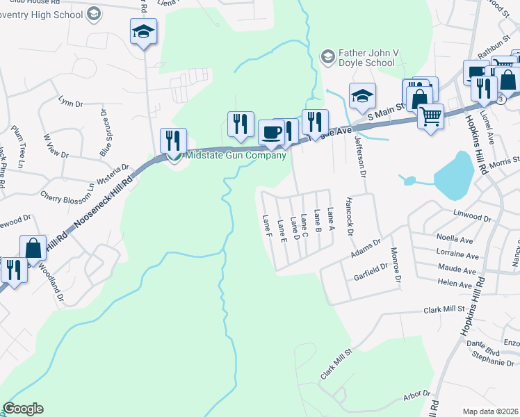 map of restaurants, bars, coffee shops, grocery stores, and more near 25 Lane F in Coventry