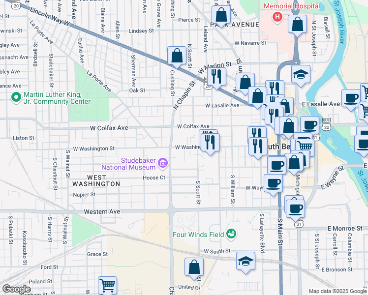 map of restaurants, bars, coffee shops, grocery stores, and more near 718 West Washington Street in South Bend