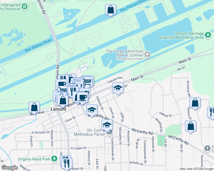 map of restaurants, bars, coffee shops, grocery stores, and more near 774 Talcott Avenue in Lemont