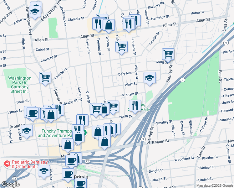 map of restaurants, bars, coffee shops, grocery stores, and more near 70 Oak Street in New Britain
