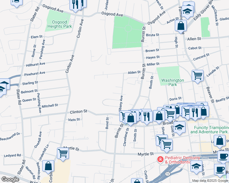 map of restaurants, bars, coffee shops, grocery stores, and more near 36 Marmon Street in New Britain
