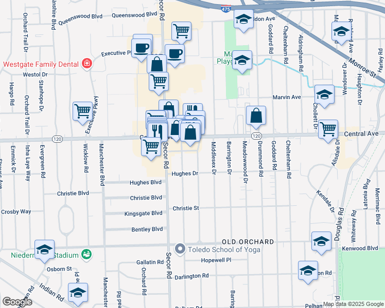 map of restaurants, bars, coffee shops, grocery stores, and more near 2927 Pemberton Drive in Toledo