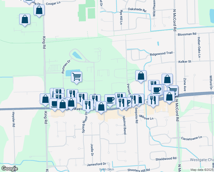 map of restaurants, bars, coffee shops, grocery stores, and more near 7120 Port Sylvania Dr in Toledo