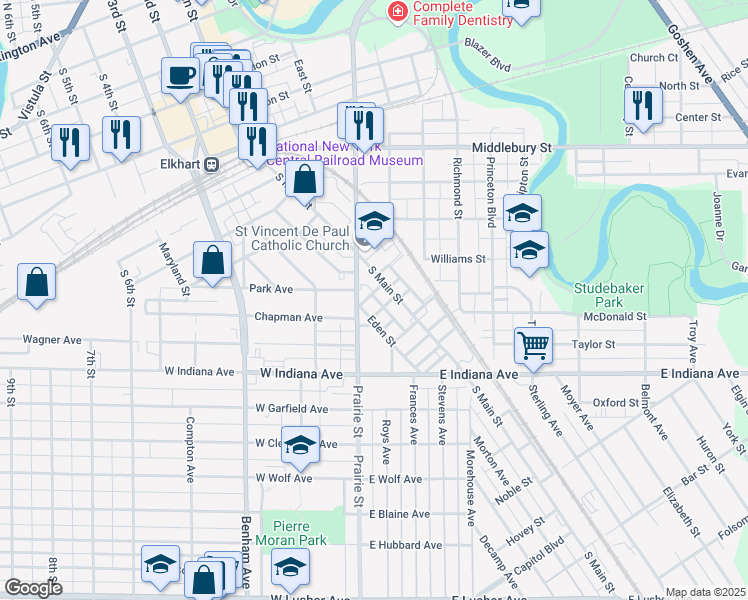 map of restaurants, bars, coffee shops, grocery stores, and more near 1208 Eden Street in Elkhart