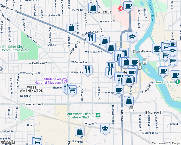 map of restaurants, bars, coffee shops, grocery stores, and more near 101-151 S Taylor St in South Bend