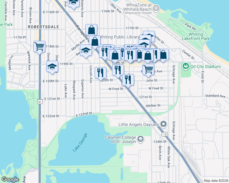 map of restaurants, bars, coffee shops, grocery stores, and more near 1249 121st Street in Whiting