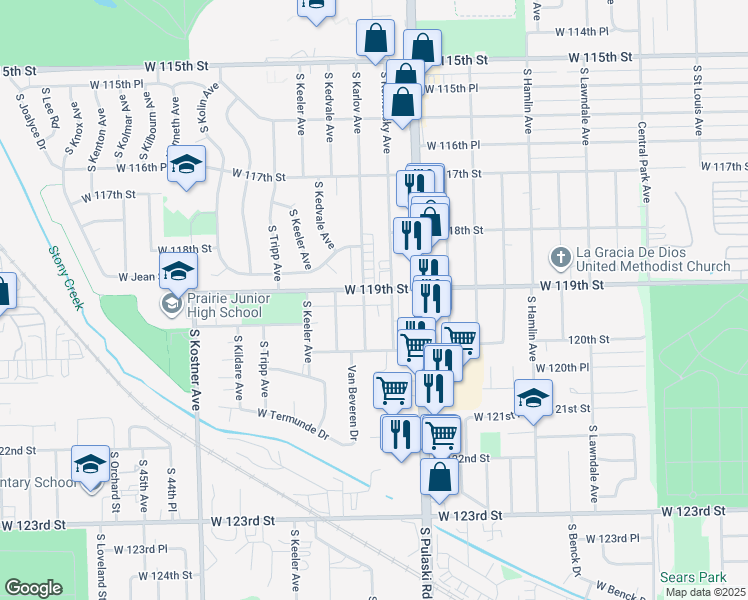 map of restaurants, bars, coffee shops, grocery stores, and more near 11936 South Komensky Avenue in Chicago