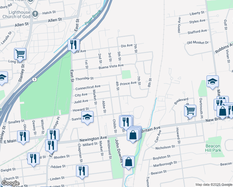 map of restaurants, bars, coffee shops, grocery stores, and more near 12 4th Street in New Britain