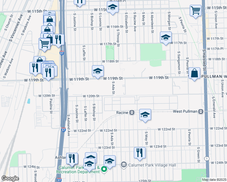 map of restaurants, bars, coffee shops, grocery stores, and more near 1249 West 119th Street in Chicago
