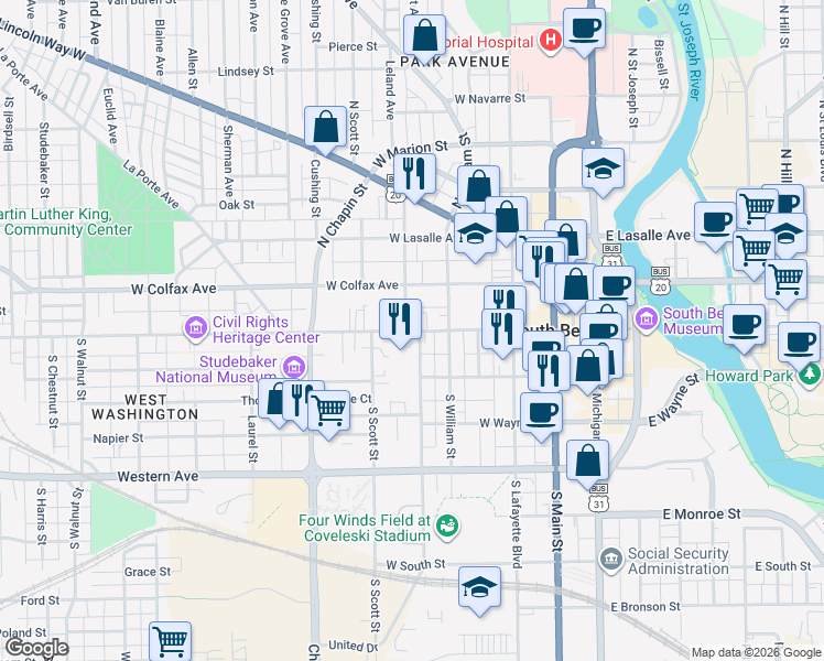 map of restaurants, bars, coffee shops, grocery stores, and more near 101-151 S Taylor St in South Bend