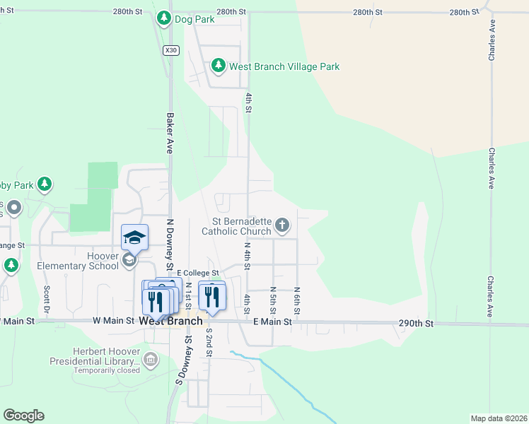 map of restaurants, bars, coffee shops, grocery stores, and more near 412 Lancaster Lane in West Branch