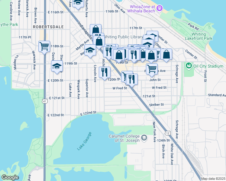 map of restaurants, bars, coffee shops, grocery stores, and more near 1224 West Fred Street in Whiting