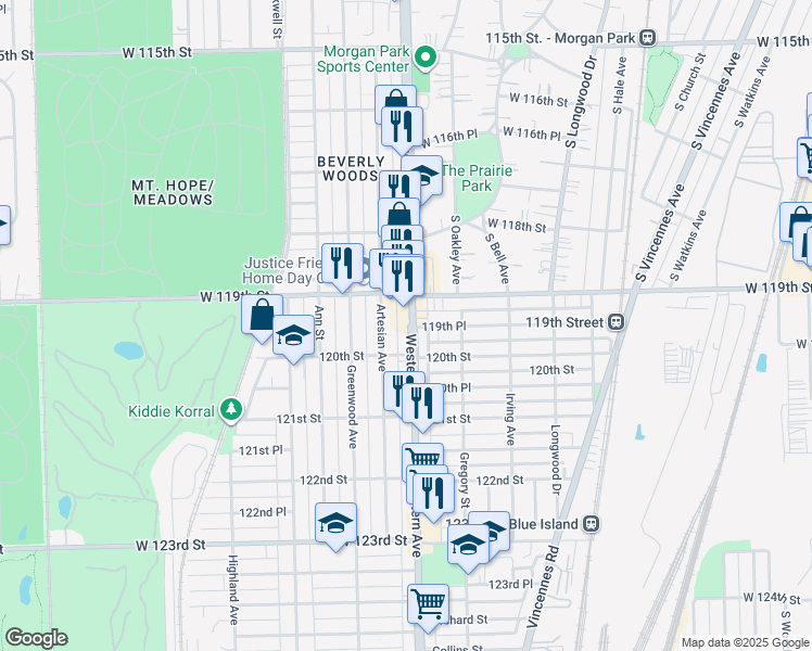 map of restaurants, bars, coffee shops, grocery stores, and more near 11940 Western Avenue in Blue Island