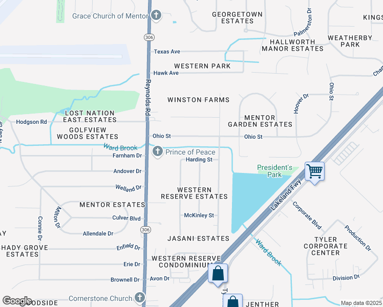 map of restaurants, bars, coffee shops, grocery stores, and more near 7435 Harding Street in Mentor
