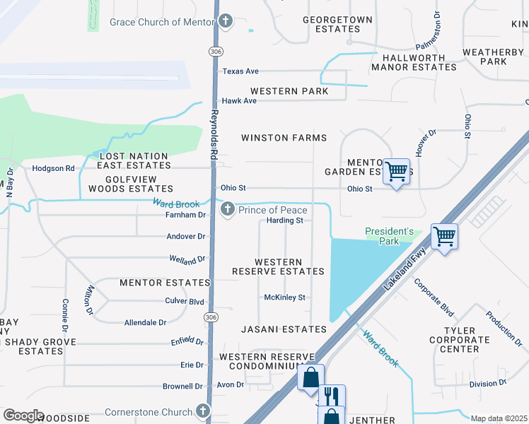 map of restaurants, bars, coffee shops, grocery stores, and more near 7435 Harding St in Mentor