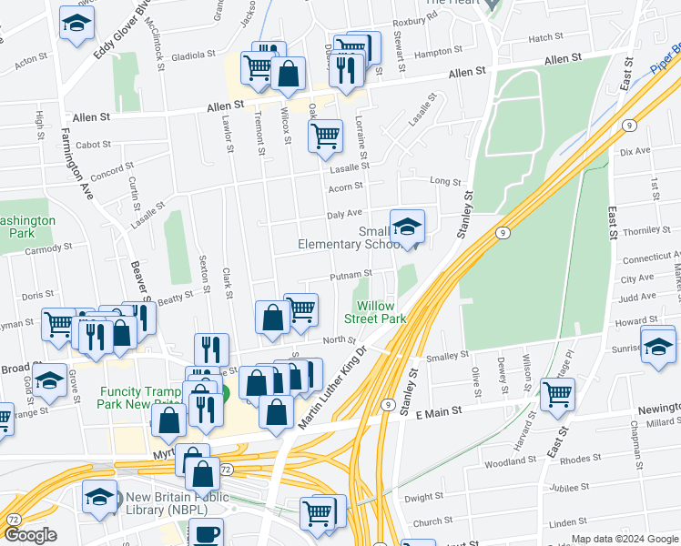 map of restaurants, bars, coffee shops, grocery stores, and more near 75 Oak Street in New Britain