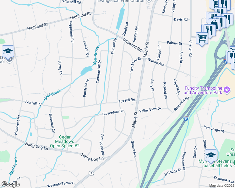 map of restaurants, bars, coffee shops, grocery stores, and more near 49 Fox Hill Road in Wethersfield