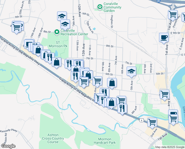 map of restaurants, bars, coffee shops, grocery stores, and more near 1101 5th Street in Coralville