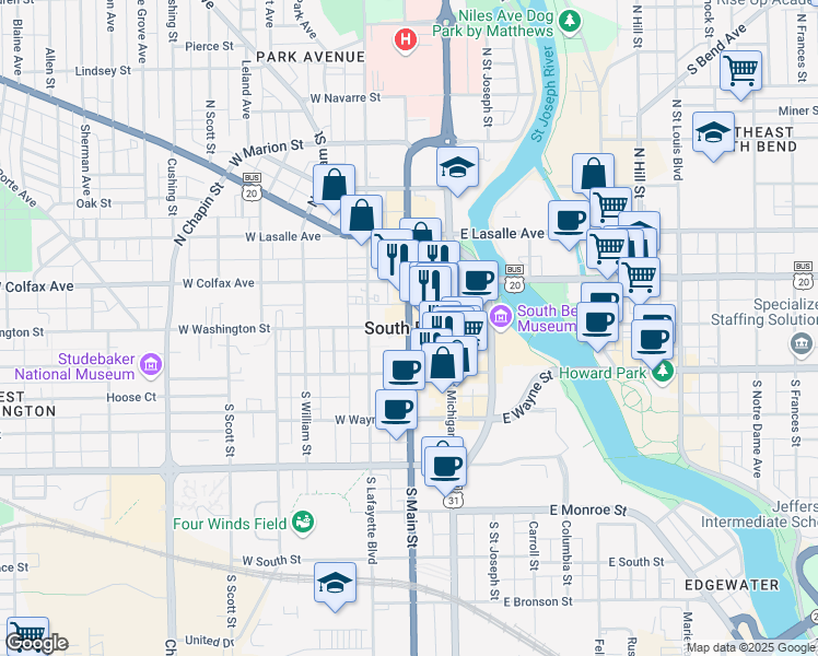 map of restaurants, bars, coffee shops, grocery stores, and more near in South Bend